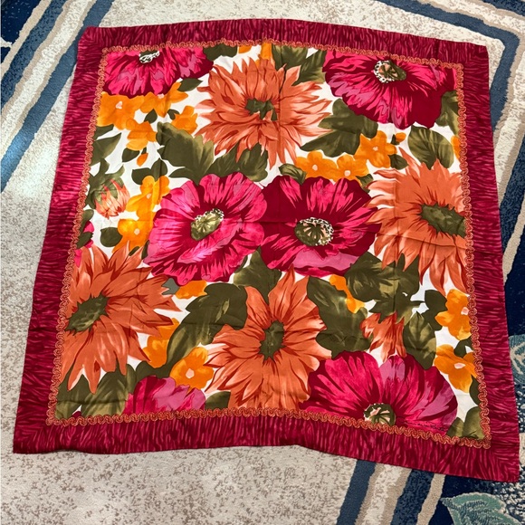 Oscar de la Renta Accessories - Vintage Oscar De La Renta Silk Square Red Poppy & Orange Zinnia Flowers Scarf
